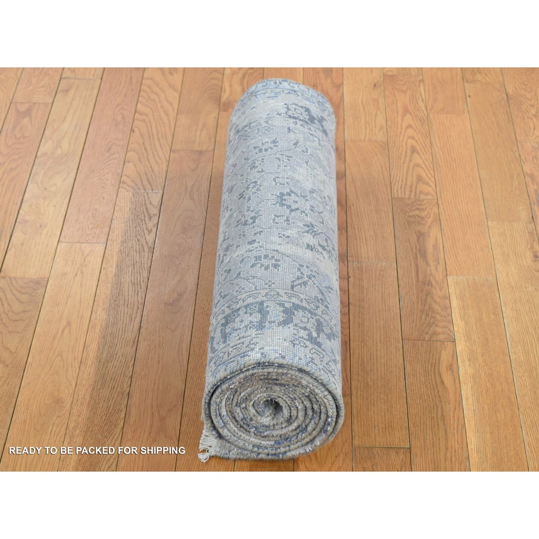 Battleship Gray, Broken and Erased Pure Silk Hand Knotted Runner Rug - 5