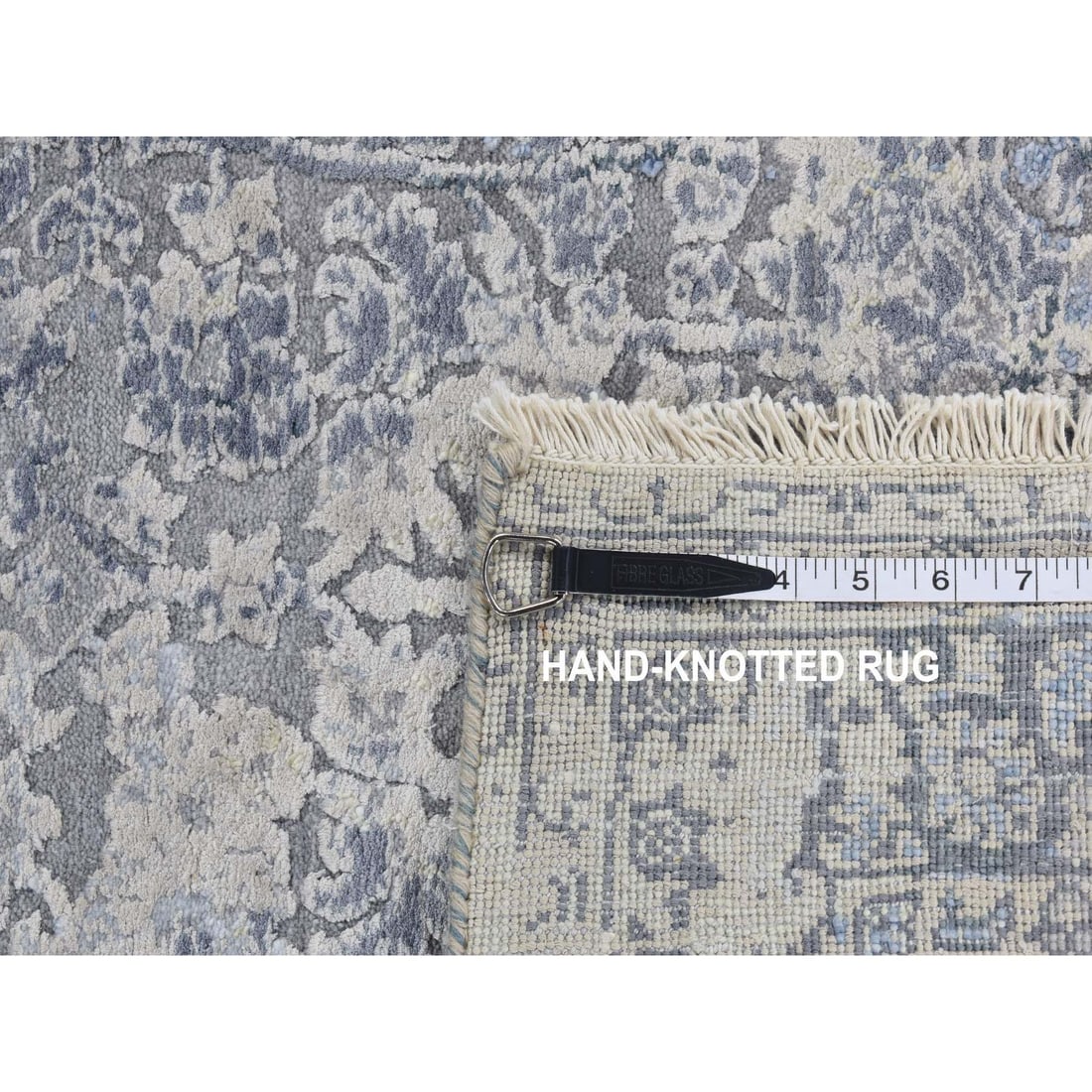 Battleship Gray, Broken and Erased Pure Silk Hand Knotted Runner Rug - 7