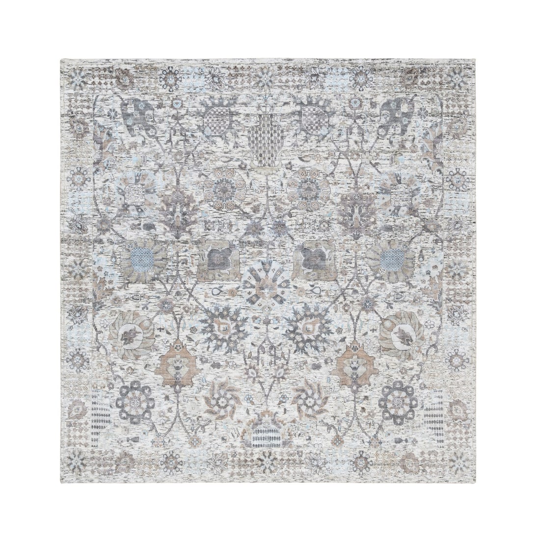 Hand Knotted Ivory Tabriz Vase Silk With Textured Wool Square Rug: Title: Hand Knotted Ivory Tabriz Vase Silk With Textured Wool Square Rug Description:This is a truly genuine one-of-a-kind. It has been Knotted for months and months in the centuries-old weaving