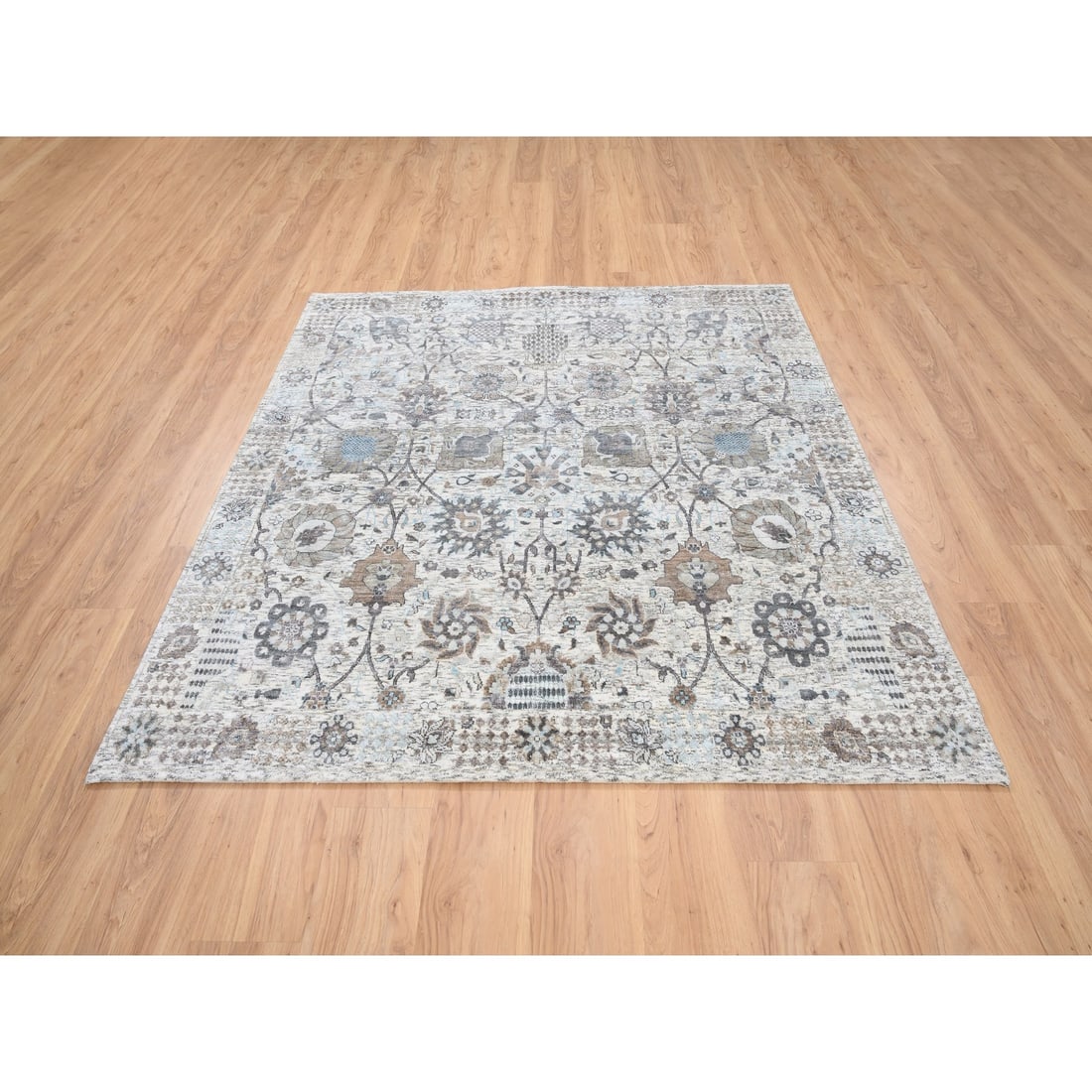 Hand Knotted Ivory Tabriz Vase Silk With Textured Wool Square Rug - 2