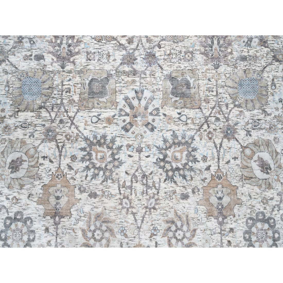 Hand Knotted Ivory Tabriz Vase Silk With Textured Wool Square Rug - 5