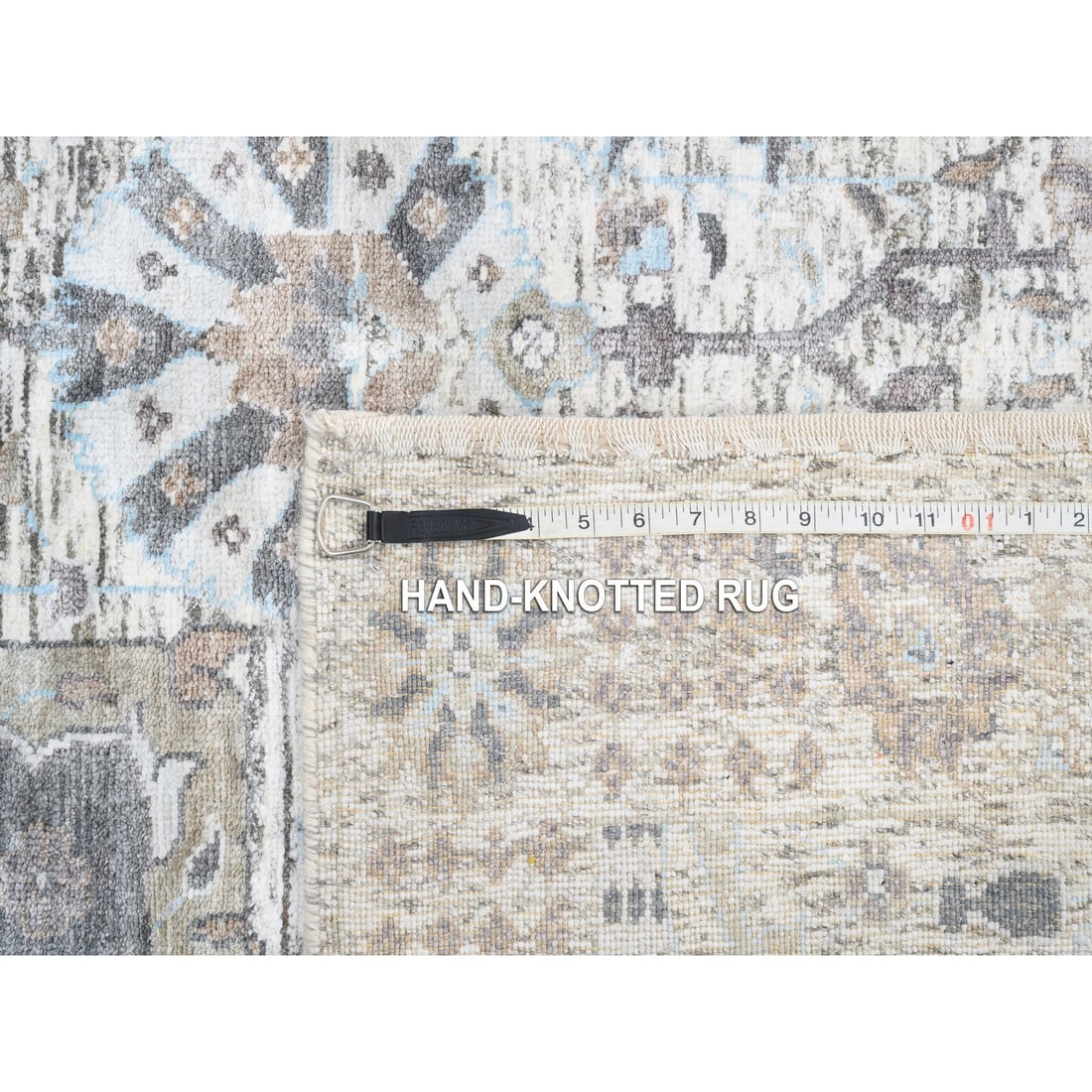 Hand Knotted Ivory Tabriz Vase Silk With Textured Wool Square Rug - 8