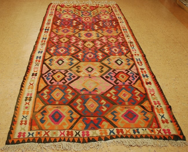 CAUCASIAN KILIM 4.8x12.4: Title: CAUCASIAN KILIM 4.8x12.4 Description:ANTIQUE FINE WOVEN VEGETABLE DYE CAUCASIAN KILIM FLAT WEAVE RUG ..with exact size of 4' 8" x 12' 4" Caucasian design with many beautiful colors including