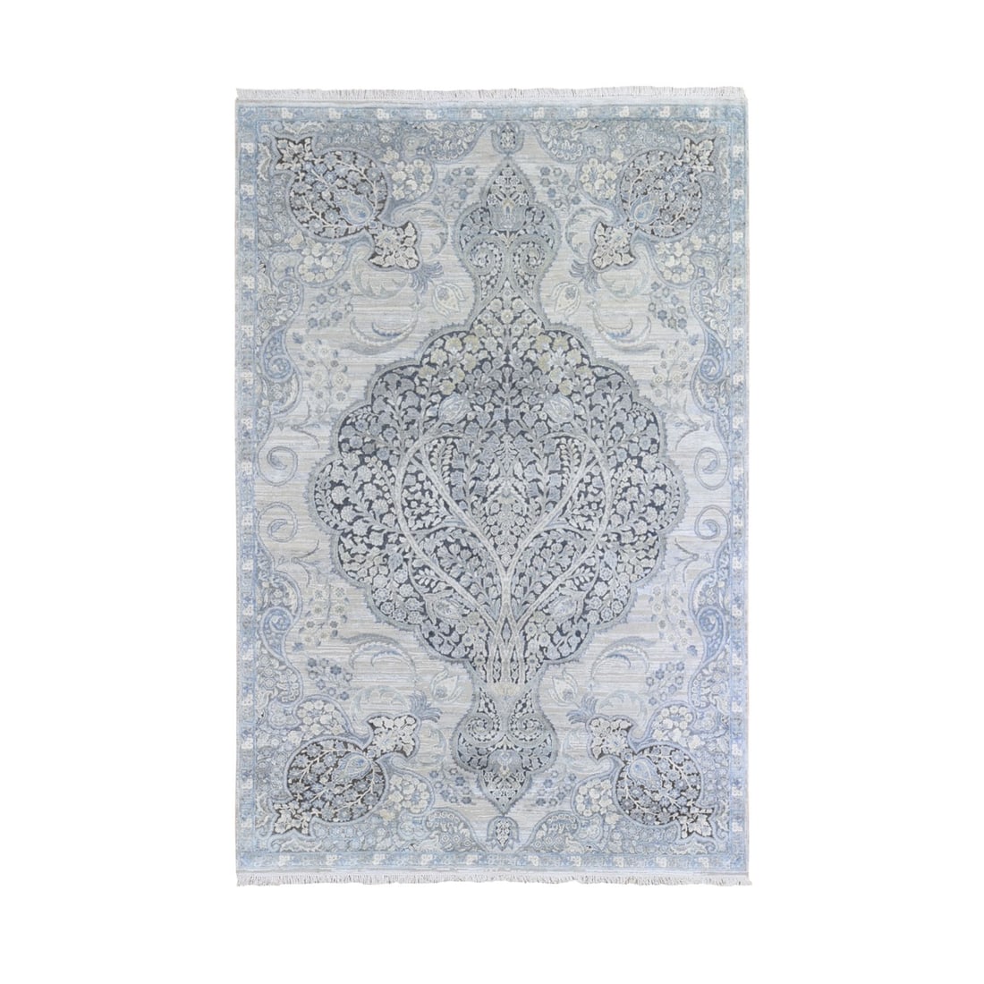 Silk with Textured Wool Tree of Life Meditation Design Handknotted Rug: Title: Silk with Textured Wool Tree of Life Meditation Design Handknotted Rug Description:This is a truly genuine one-of-a-kind. It has been Knotted for months and months in the centuries-old weaving