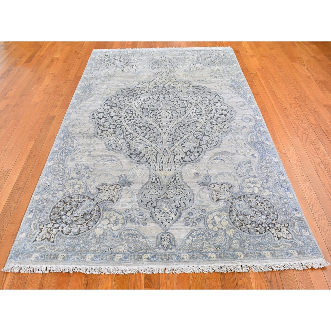 Silk with Textured Wool Tree of Life Meditation Design Handknotted Rug - 2