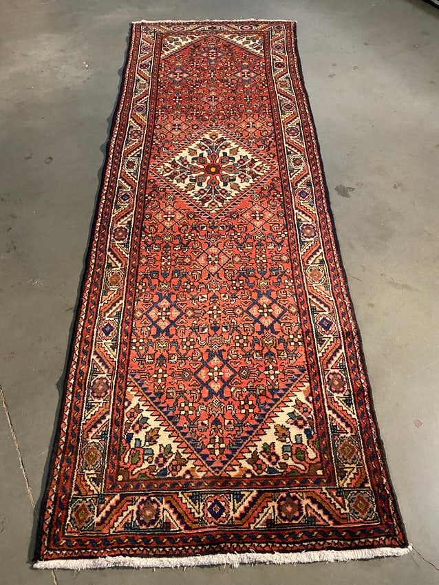 MAGNIFICENT PERSIAN HAMEDAN RUNNER 3.5x10.1: Title:MAGNIFICENT PERSIAN HAMEDAN RUNNER 3.5x10.1 Description:3'.5"X10'.1" Authentic Persian Hamedan runner in red, Ivory and multi accent colors 100% wool Hand knotted in Iran Reserve: $580.00