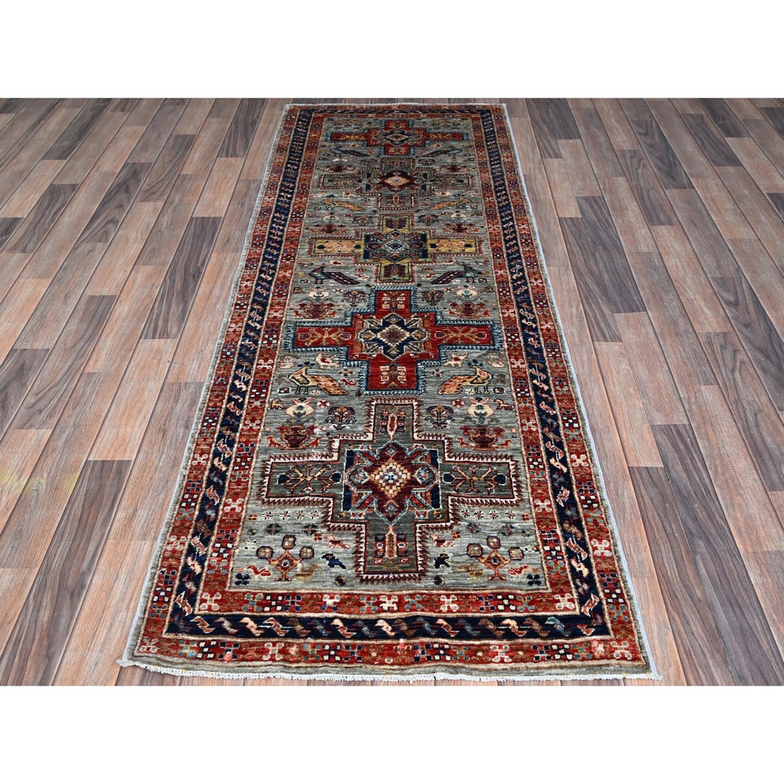 Gray Armenian Inspired Caucasian Design Hand Knotted Wool Runner Rug - 2