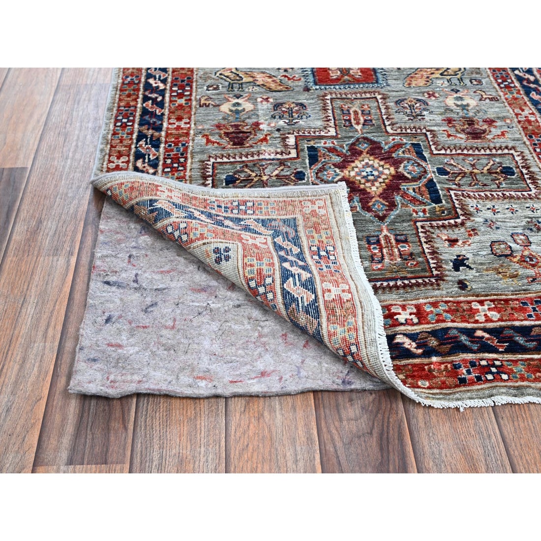 Gray Armenian Inspired Caucasian Design Hand Knotted Wool Runner Rug - 3