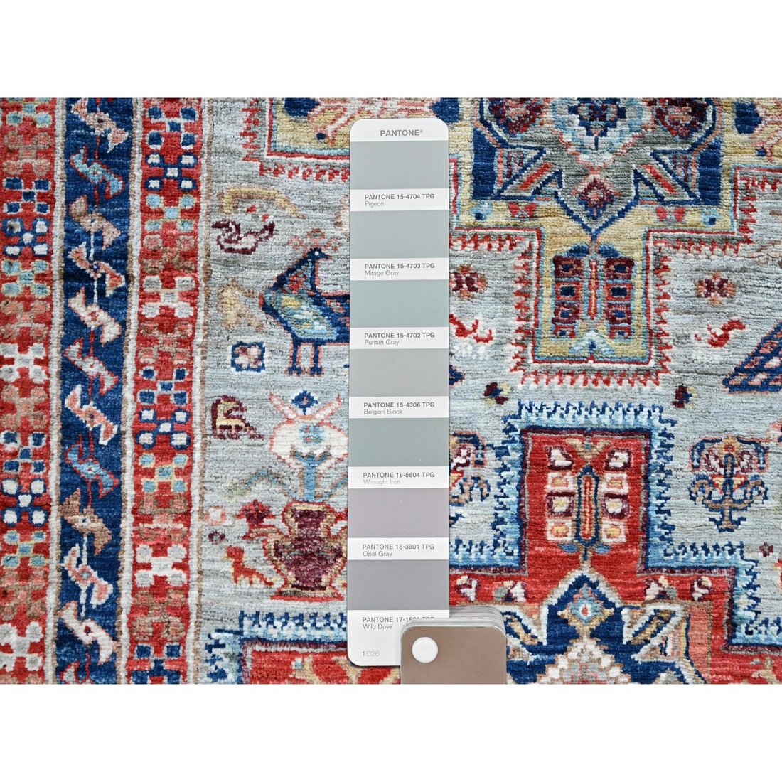 Gray Armenian Inspired Caucasian Design Hand Knotted Wool Runner Rug - 4