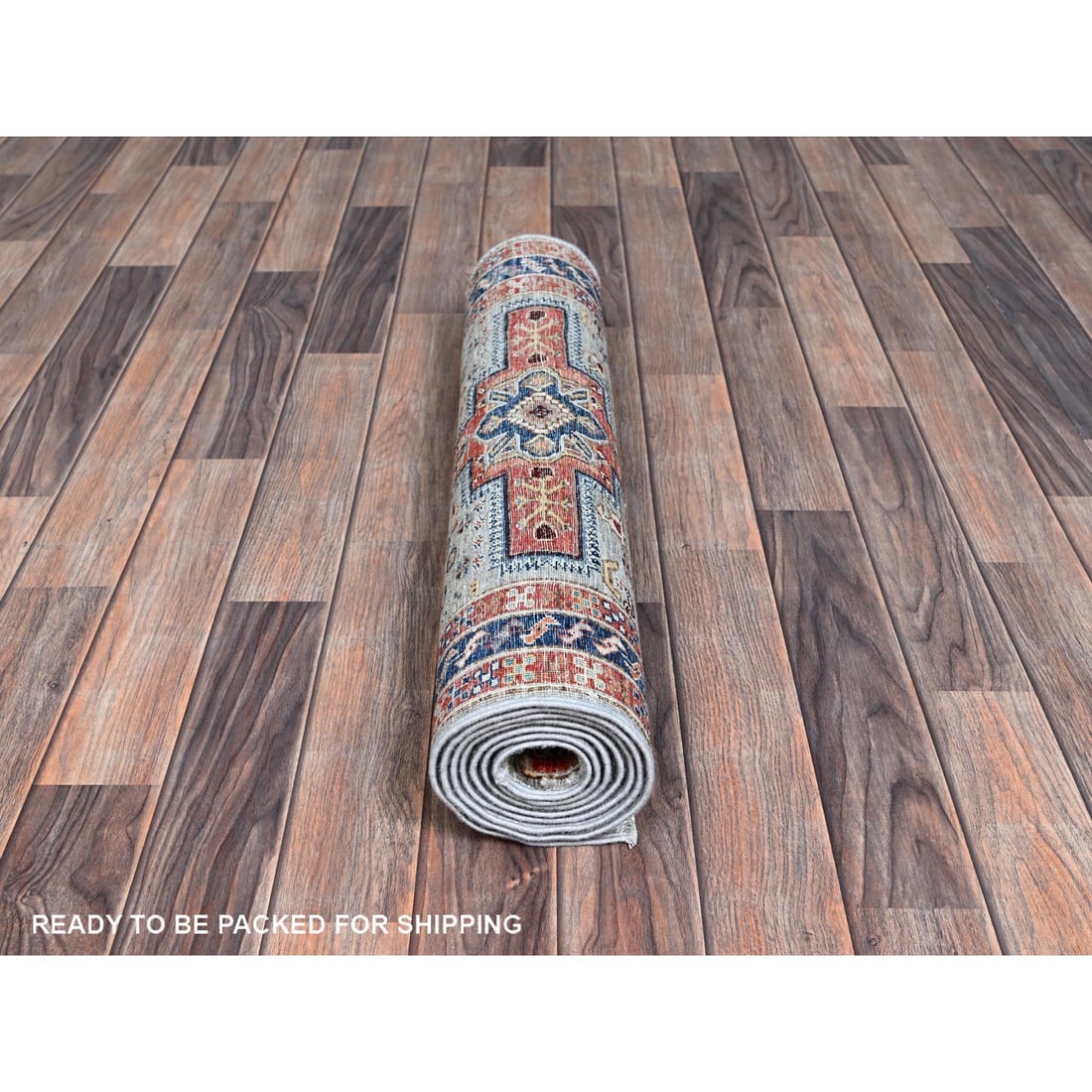 Gray Armenian Inspired Caucasian Design Hand Knotted Wool Runner Rug - 5