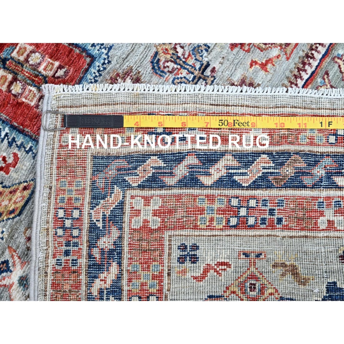 Gray Armenian Inspired Caucasian Design Hand Knotted Wool Runner Rug - 7