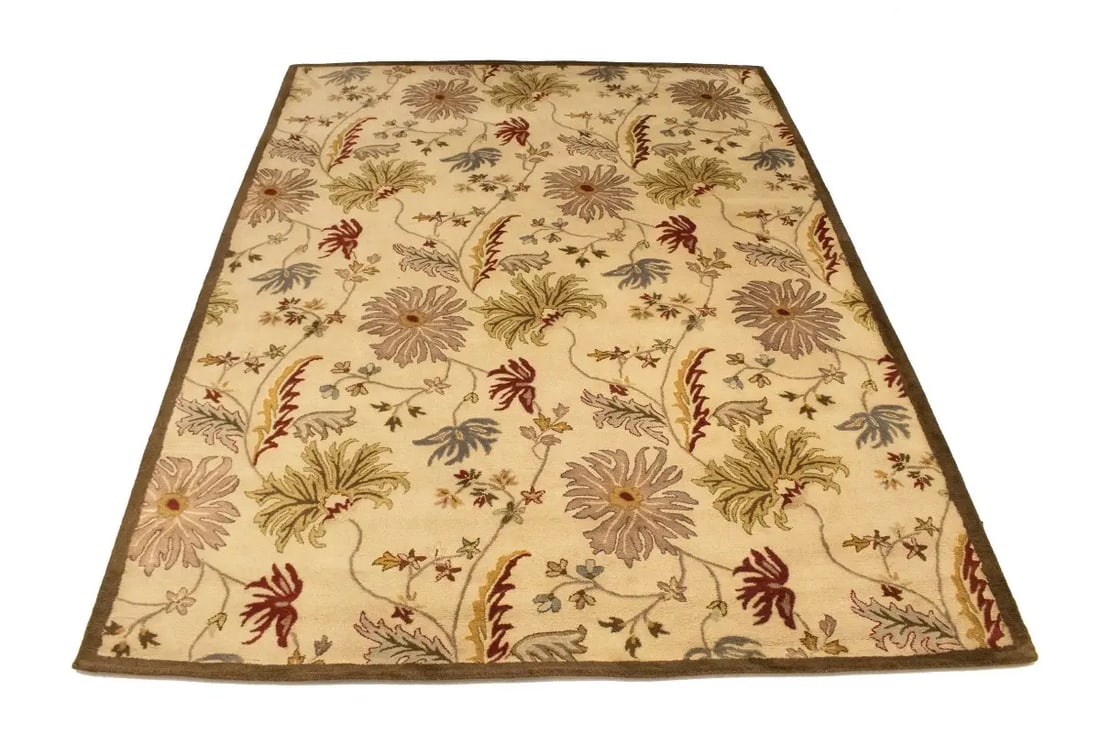Cream Floral Modern 8X11 Oriental Hand-Tufted Rug - 3