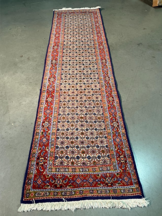 Magnificent Persian Runner 2.8x9.8: Title:Magnificent Persian Runner 2.8x9.8 Description:2'.8"X9'.8" Authentic Persian Mood runner in Ivory and multi accent colors 100% wool Hand knotted in Iran Reserve: $580.00 Shipping: Domestic:
