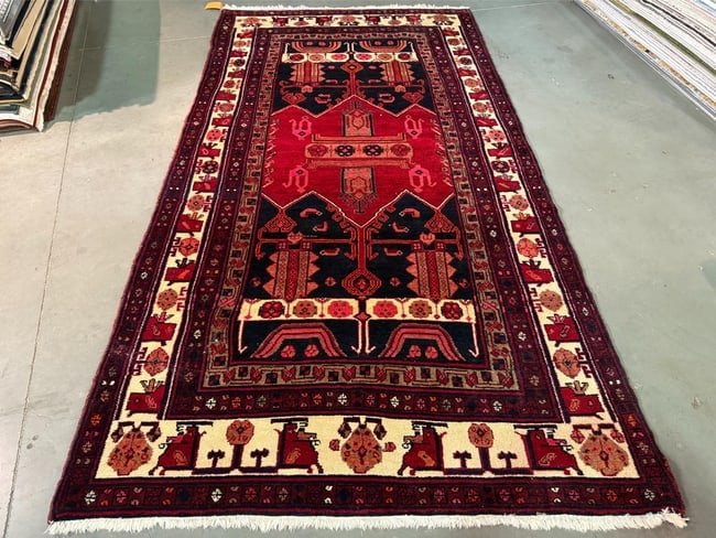 Stunning Persian Hamedan Rug 5x9.7: Title:Stunning Persian Hamedan Rug 5x9.7 Description:5'.0"X 9'.7" eye catching Authentic Persian Hamedan , in Geometric pattern multi accent colors, Vege dye Hand Knotted in Iran 100% Natural wool