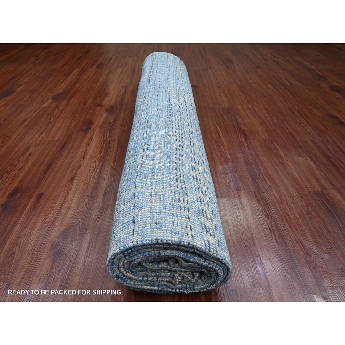 Blue Moroccan Weave Block Geometric Design Hand Knotted Pure Wool Rug - 9