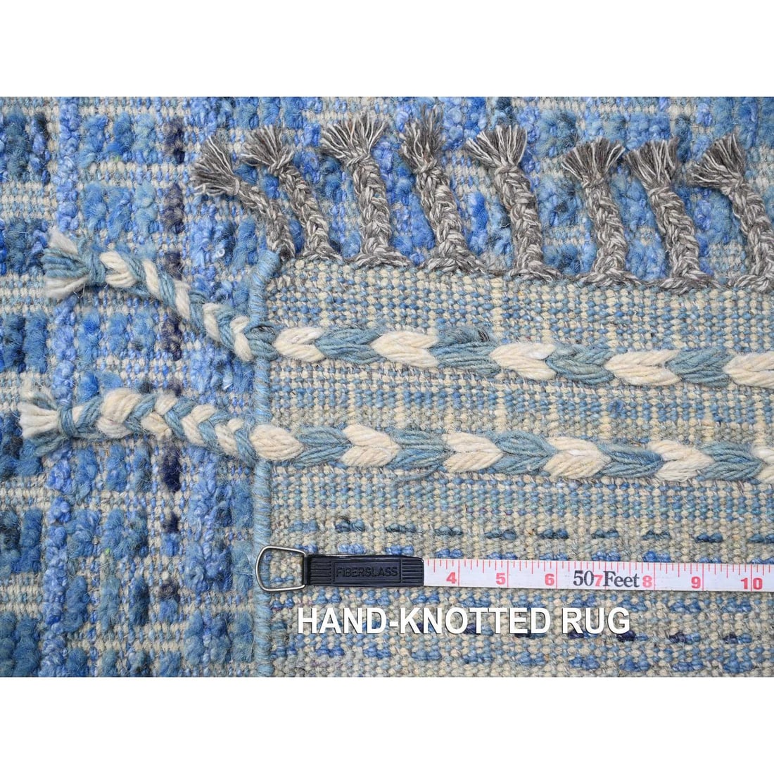Blue Moroccan Weave Block Geometric Design Hand Knotted Pure Wool Rug - 11