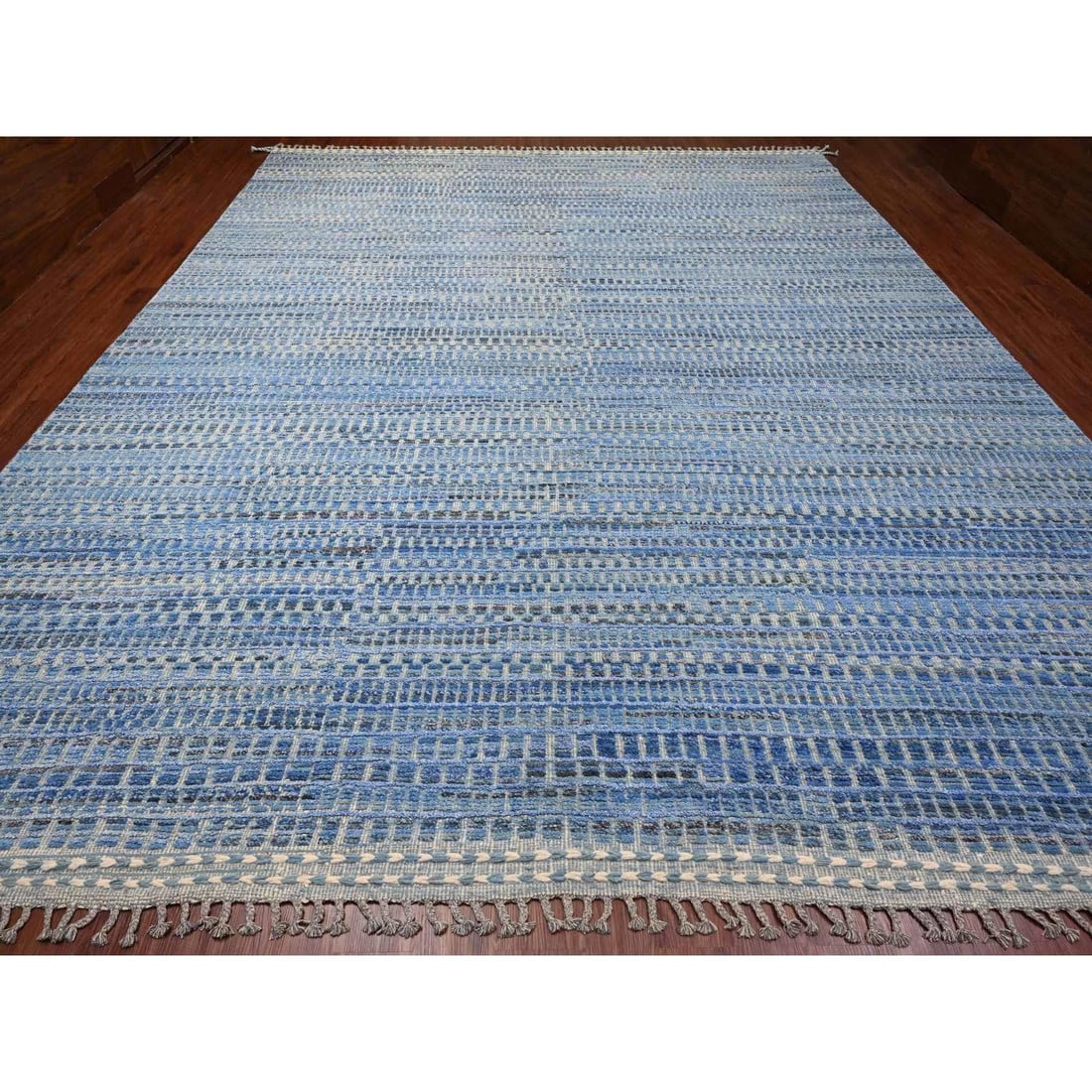 Blue Moroccan Weave Block Geometric Design Hand Knotted Pure Wool Rug - 2