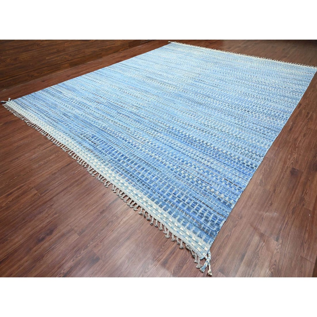 Blue Moroccan Weave Block Geometric Design Hand Knotted Pure Wool Rug - 3