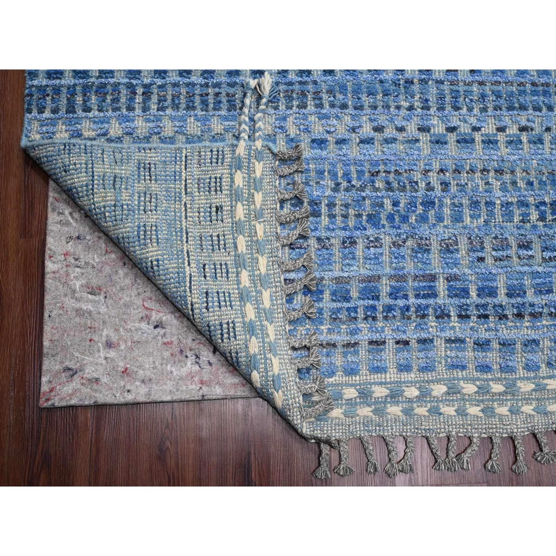 Blue Moroccan Weave Block Geometric Design Hand Knotted Pure Wool Rug - 4