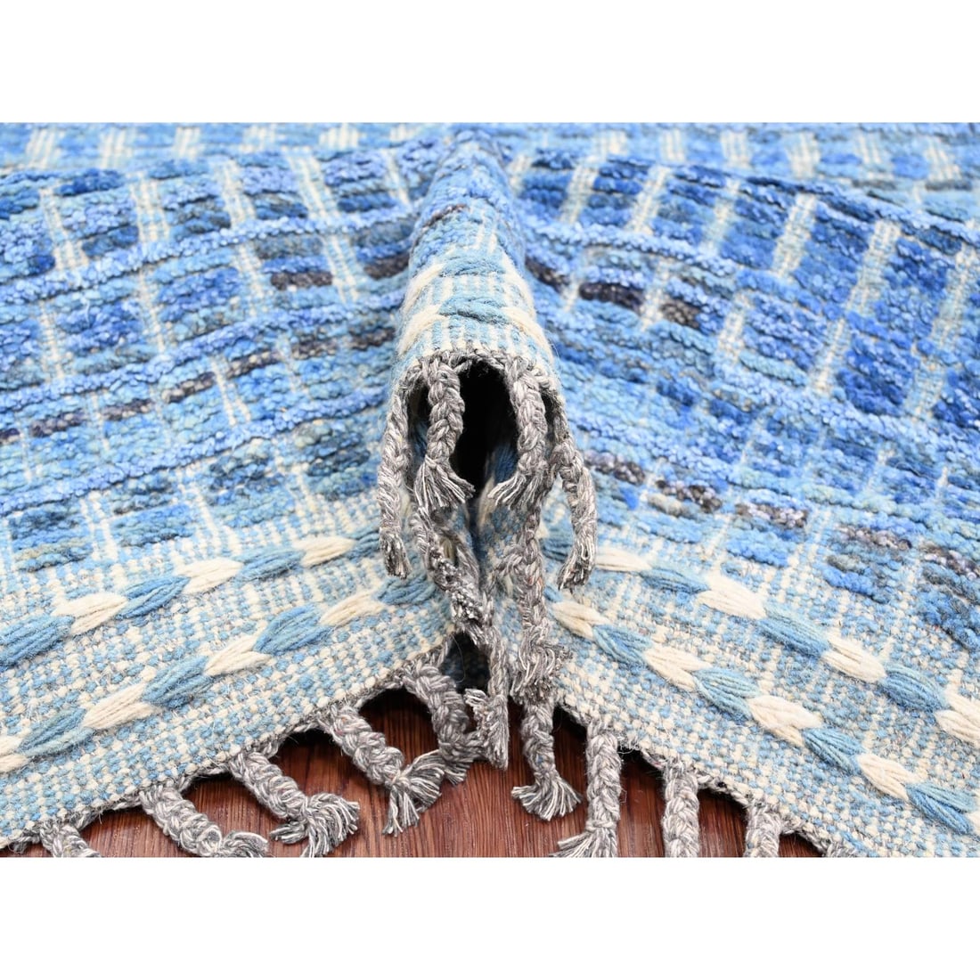 Blue Moroccan Weave Block Geometric Design Hand Knotted Pure Wool Rug - 5