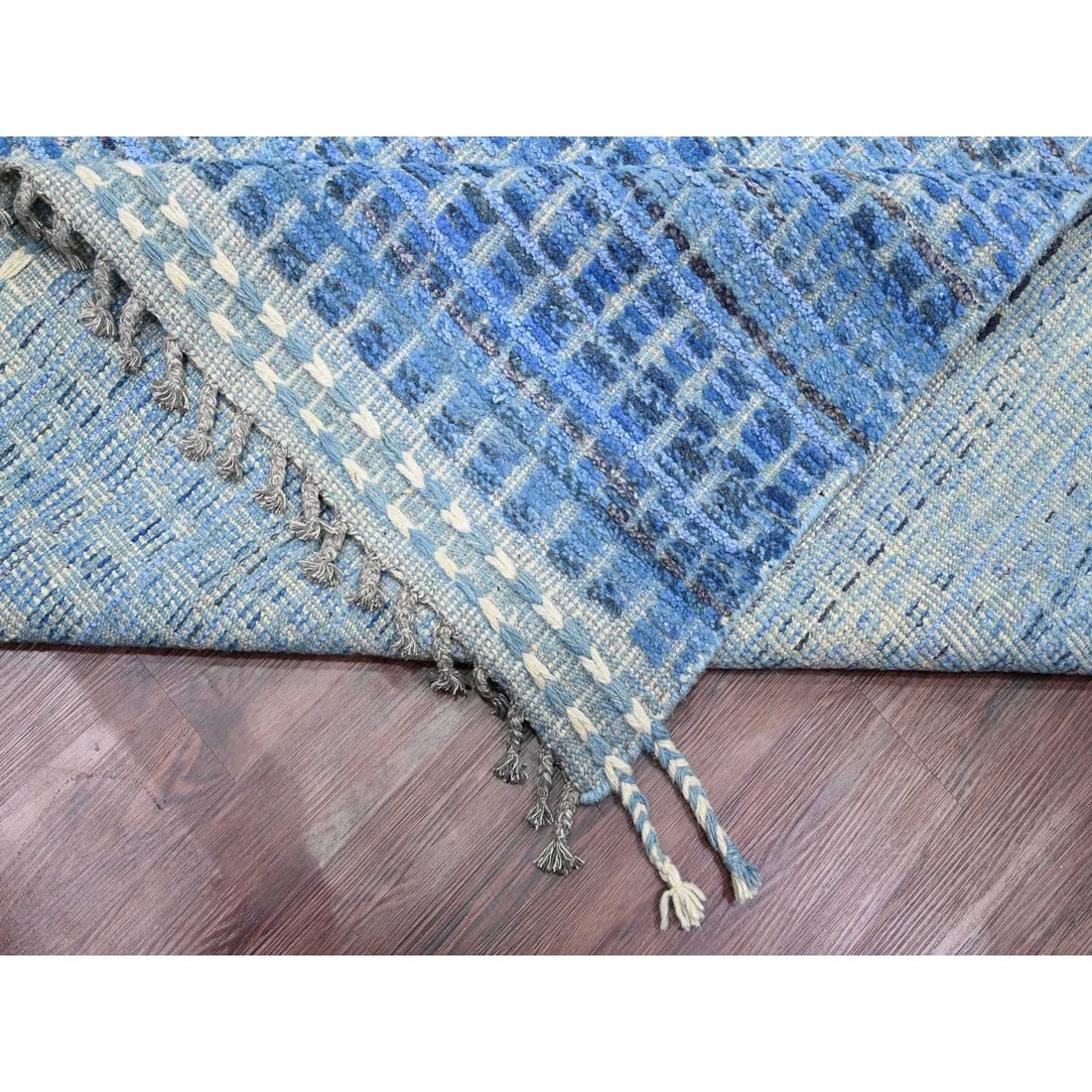 Blue Moroccan Weave Block Geometric Design Hand Knotted Pure Wool Rug - 6