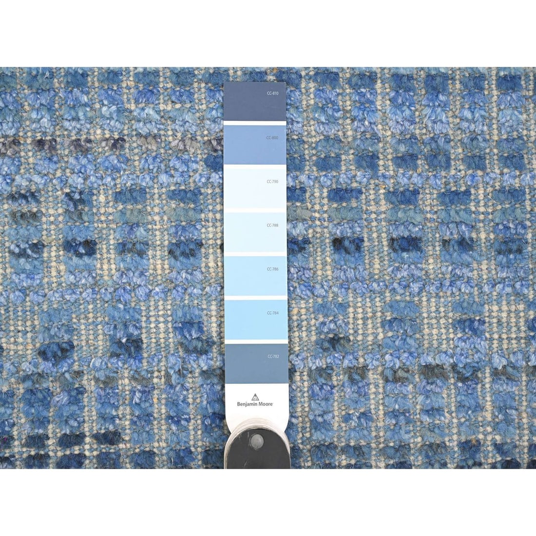 Blue Moroccan Weave Block Geometric Design Hand Knotted Pure Wool Rug - 7