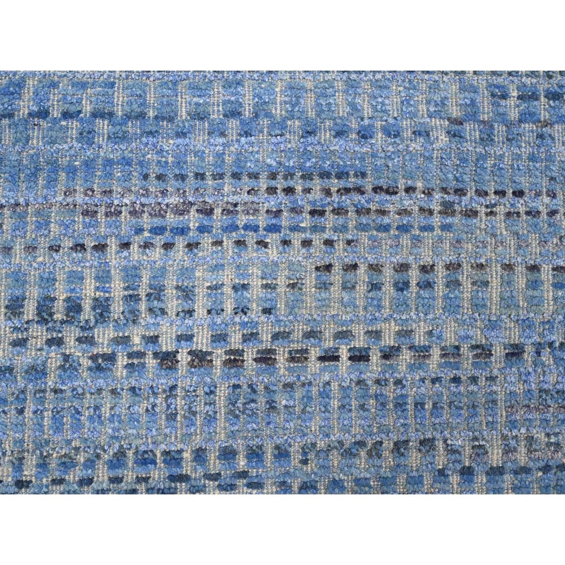 Blue Moroccan Weave Block Geometric Design Hand Knotted Pure Wool Rug - 8