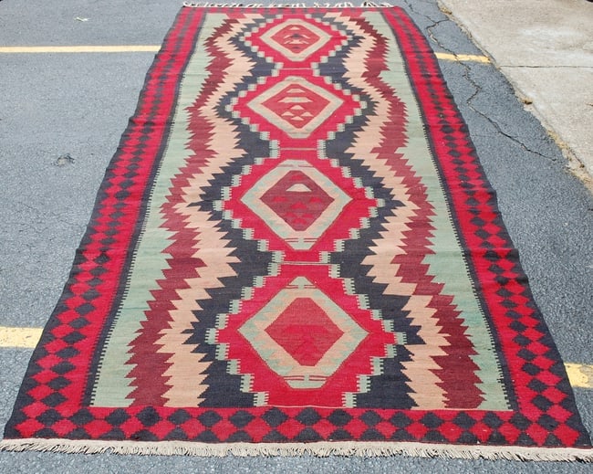 CAUCASIAN KILIM 4.7x13.2: Title: CAUCASIAN KILIM 4.7x13.2 Description:ANTIQUE ALL NATURAL DYED WITH VEGETABLE DYE WOOL WOVEN OVER COTTON FOUNDATION WITH DETAILED DESIGN PATTERN FEATURING DANCING GIRL SUBJECTS Possibly woven