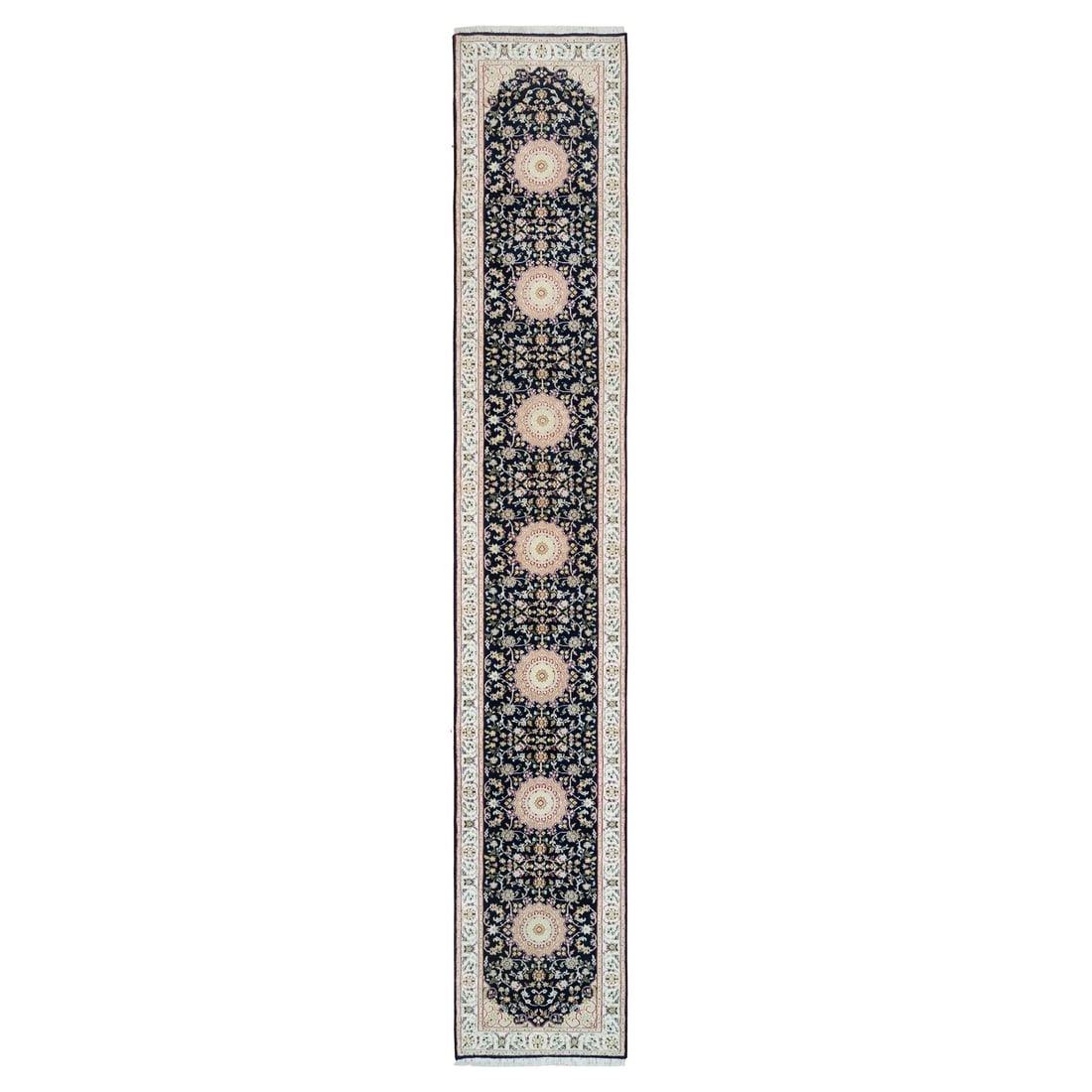 Midnight Blue, Nain Design, 250 KPSI, Wool Hand Knotted XL Runner Rug: Title: Midnight Blue, Nain Design, 250 KPSI, Wool Hand Knotted XL Runner Rug Description:This is a truly genuine one-of-a-kind. It has been Knotted for months and months in the centuries-old weaving c