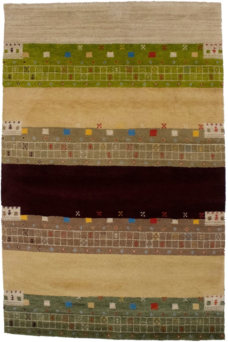 Multicolored Tribal 5X8 Indo-Gabbeh Oriental Rug: Title: Multicolored Tribal 5X8 Indo-Gabbeh Oriental Rug Description:Handmade 8X5 wine red oriental rug made with vegetable dyes (fine wool pile and cotton foundation), superior knot count, and
