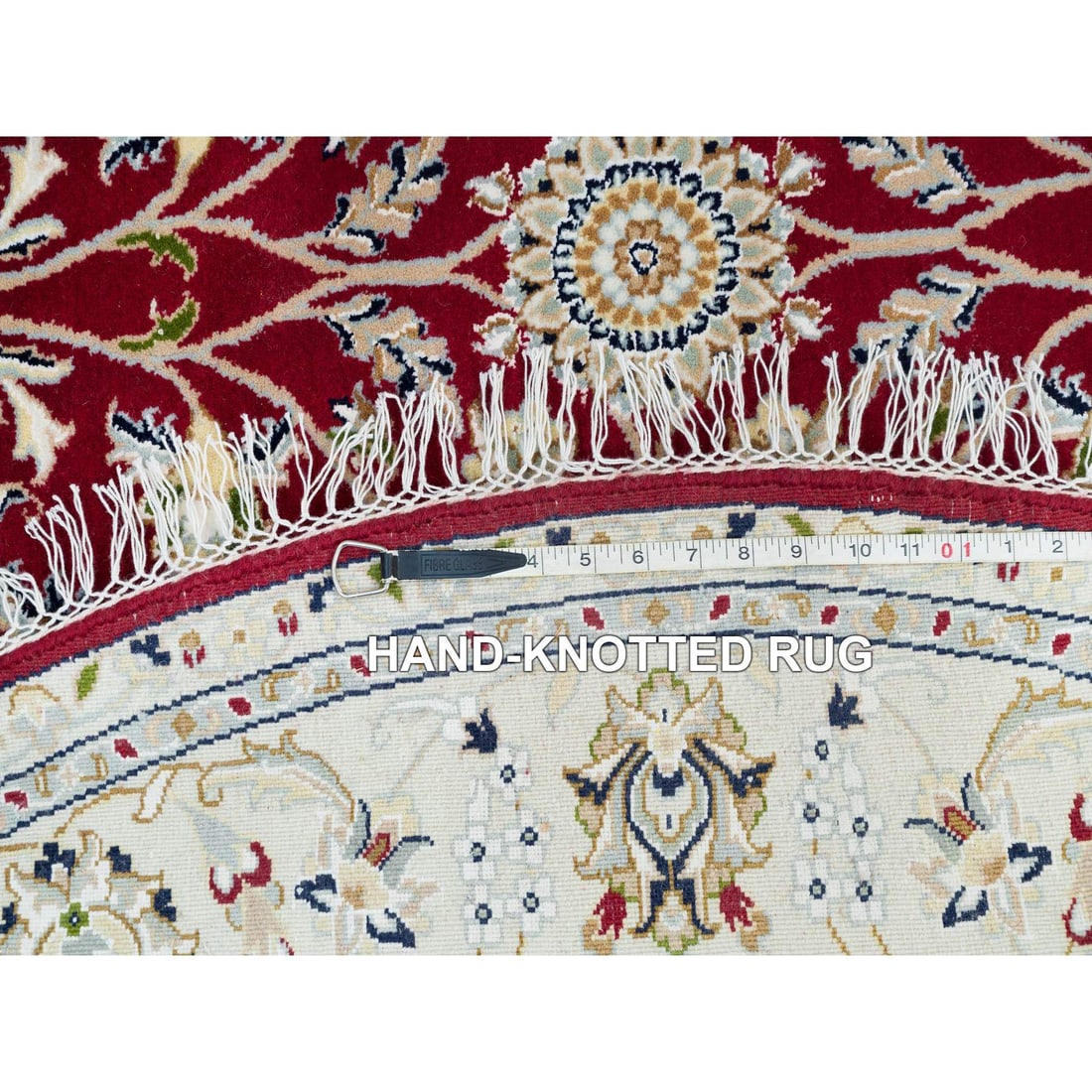 Red, 250 KPSI, Organic Wool, Hand Knotted, Nain Design Round Rug - 8