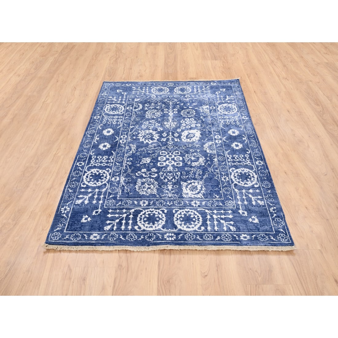 Denim Blue Tone On Tone Tabriz Hand Knotted Wool and Silk Oriental Rug - 2