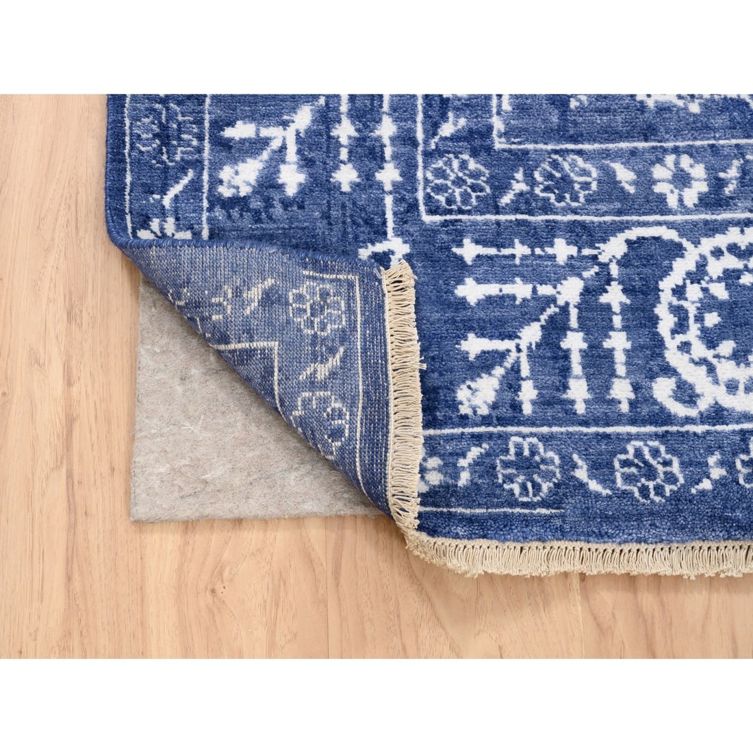 Denim Blue Tone On Tone Tabriz Hand Knotted Wool and Silk Oriental Rug - 3
