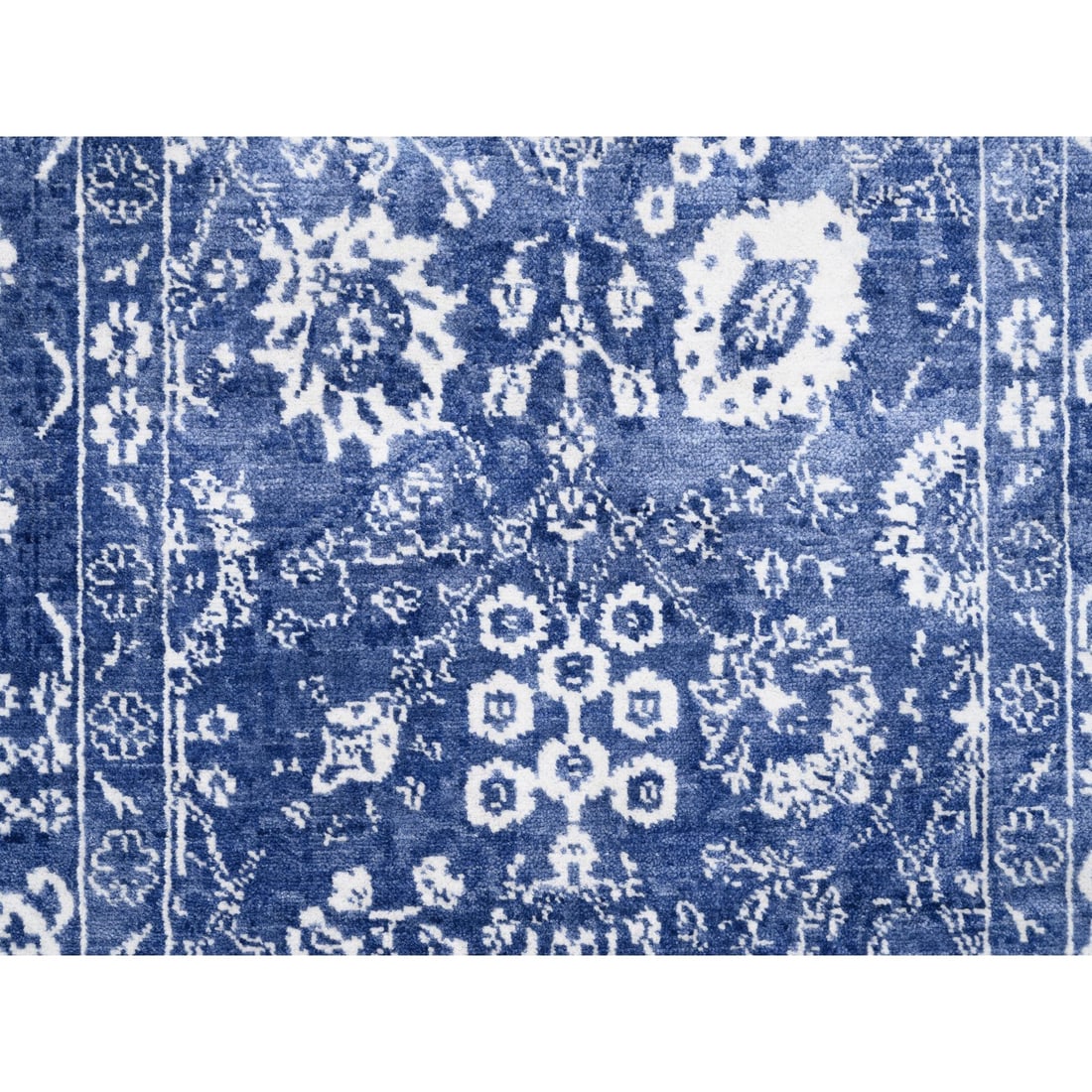 Denim Blue Tone On Tone Tabriz Hand Knotted Wool and Silk Oriental Rug - 5