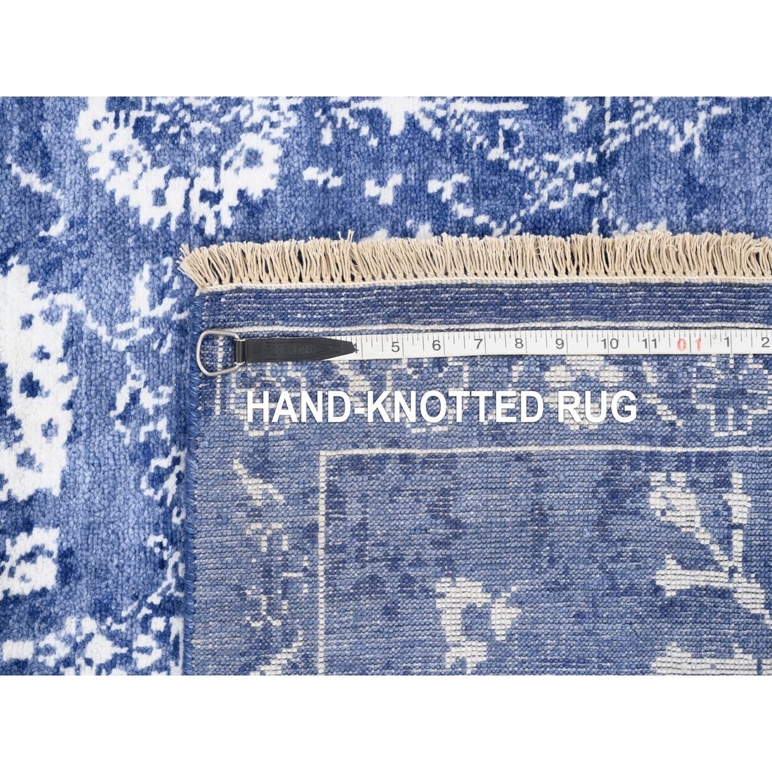 Denim Blue Tone On Tone Tabriz Hand Knotted Wool and Silk Oriental Rug - 8