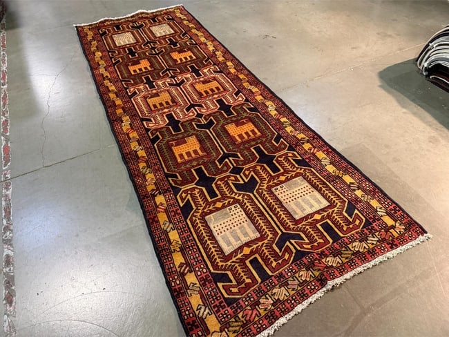 Stunning Persian Hamedan Rug 3.6x9.7: Title:Stunning Persian Hamedan Rug 3.6x9.7 Description:3'.6"X 9'.7" eye catching Authentic Persian Hamedan , in Geometric pattern multi accent colors, Vege dye Hand Knotted in Iran 100% Natural wool