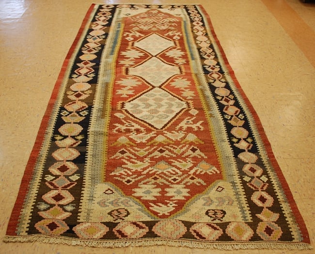 CAUCASIAN KILIM 4.6x10: Title: CAUCASIAN KILIM 4.6x10 Description:ANTIQUE COLORFUL ANIMAL SBJECT CAUCASIAN KILIM RUG FLAT WEAVE (rare two way prayer design) ..with exact size of 4' 6" x 10' Caucasian design with many
