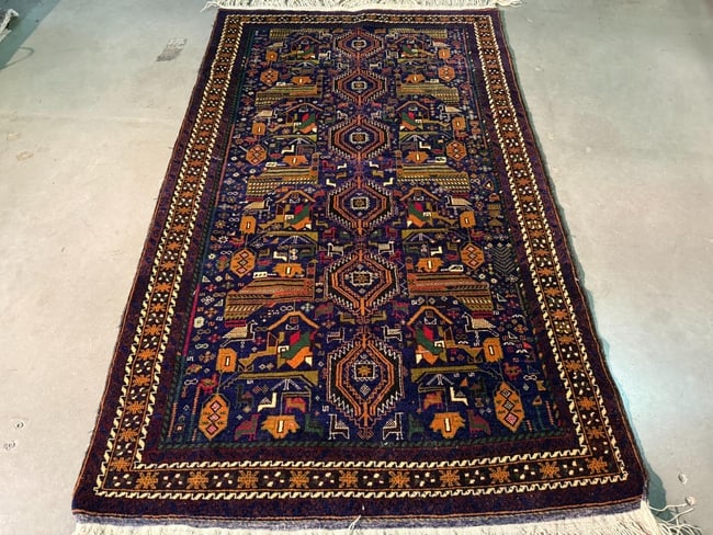Fine Afghan Baluchi Rug 3.9x6.4: Title:Fine Afghan Baluchi Rug 3.9x6.4 Description:Fine Hand Knotted Baluchi rug in traditional pattern Cobalt Blue and multi accent colors 100% veggie Dye fine wool pie Hand Knotted in Afghanestan