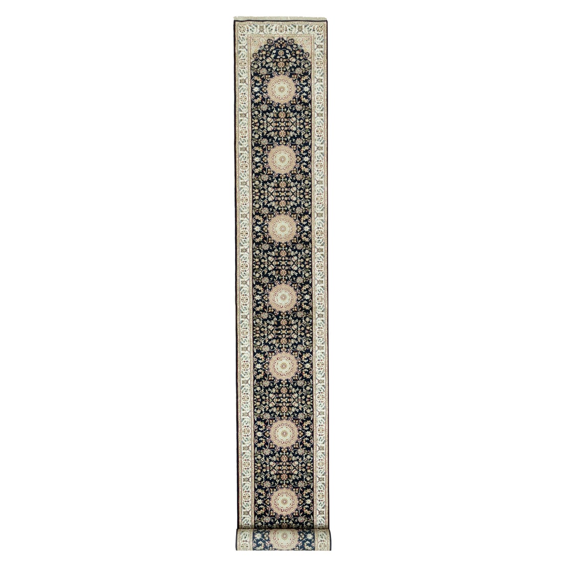 Blue Hand Knotted Central Medallion Nain Wool XL Runner Oriental Rug: Title: Blue Hand Knotted Central Medallion Nain Wool XL Runner Oriental Rug Description:This is a truly genuine one-of-a-kind. It has been Knotted for months and months in the centuries-old weaving cr