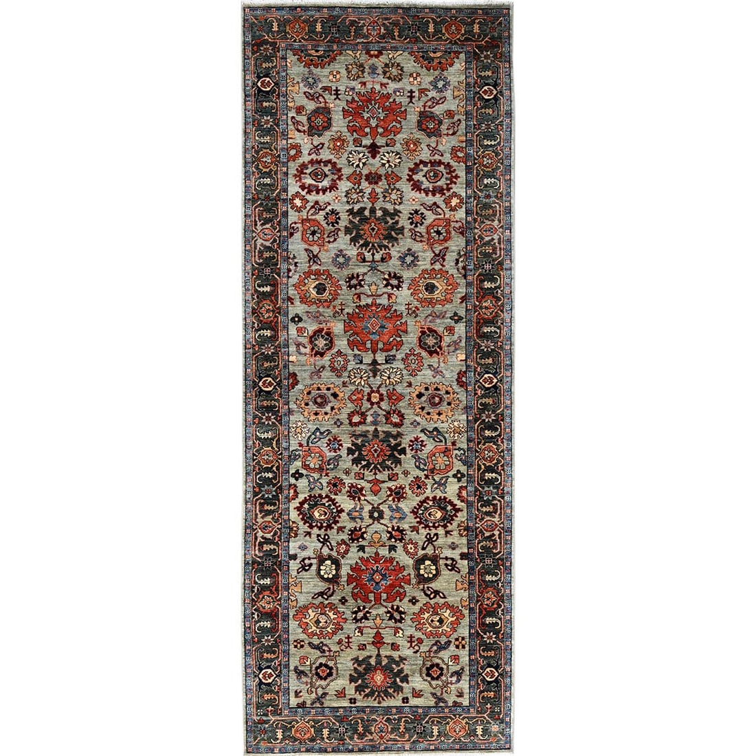 Light Green Heriz All Over Design Hand Knotted Soft Wool Runner Rug: Title: Light Green Heriz All Over Design Hand Knotted Soft Wool Runner Rug Description:This is a truly genuine one-of-a-kind. It has been Knotted for months and months in the centuries-old weaving