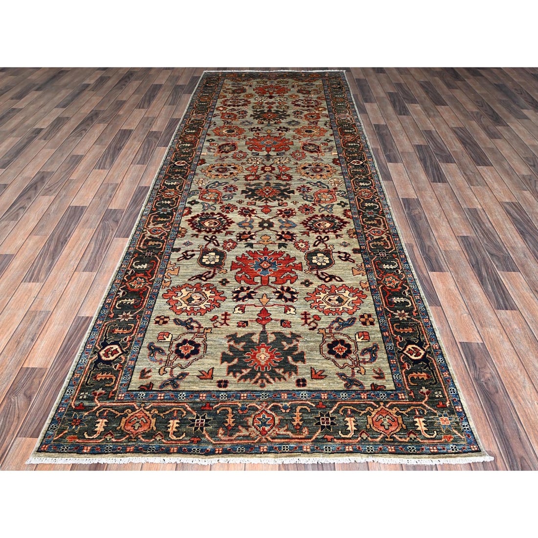 Light Green Heriz All Over Design Hand Knotted Soft Wool Runner Rug - 2