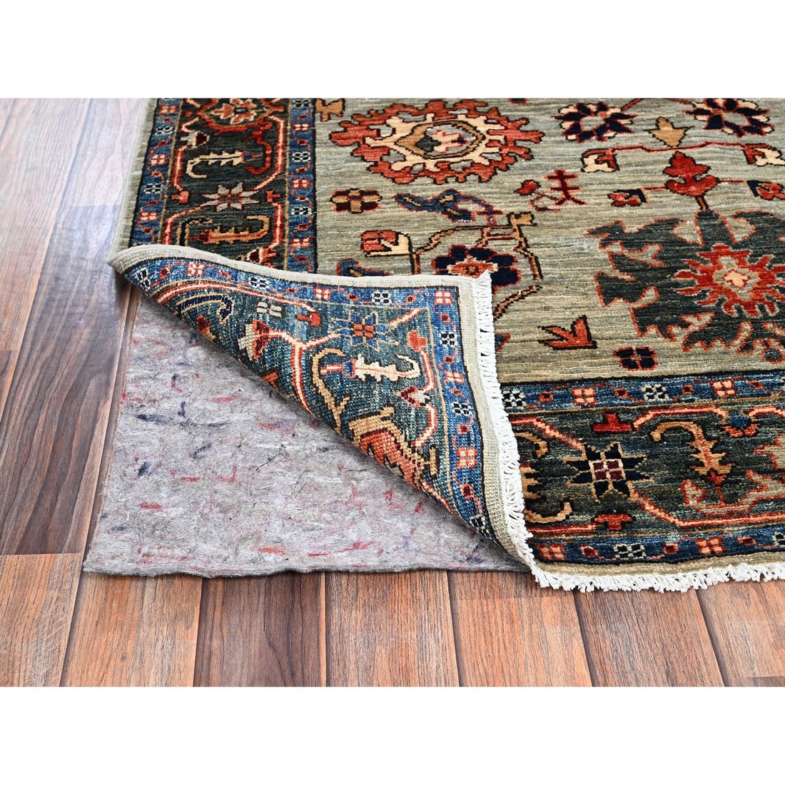 Light Green Heriz All Over Design Hand Knotted Soft Wool Runner Rug - 3