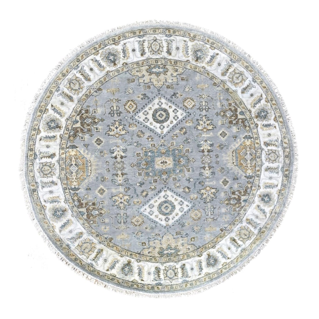 Lavender Gray Hand Knotted Karajeh Geometric Medallion Wool Round Rug: Title: Lavender Gray Hand Knotted Karajeh Geometric Medallion Wool Round Rug Description:This is a truly genuine one-of-a-kind. It has been Knotted for months and months in the centuries-old weaving