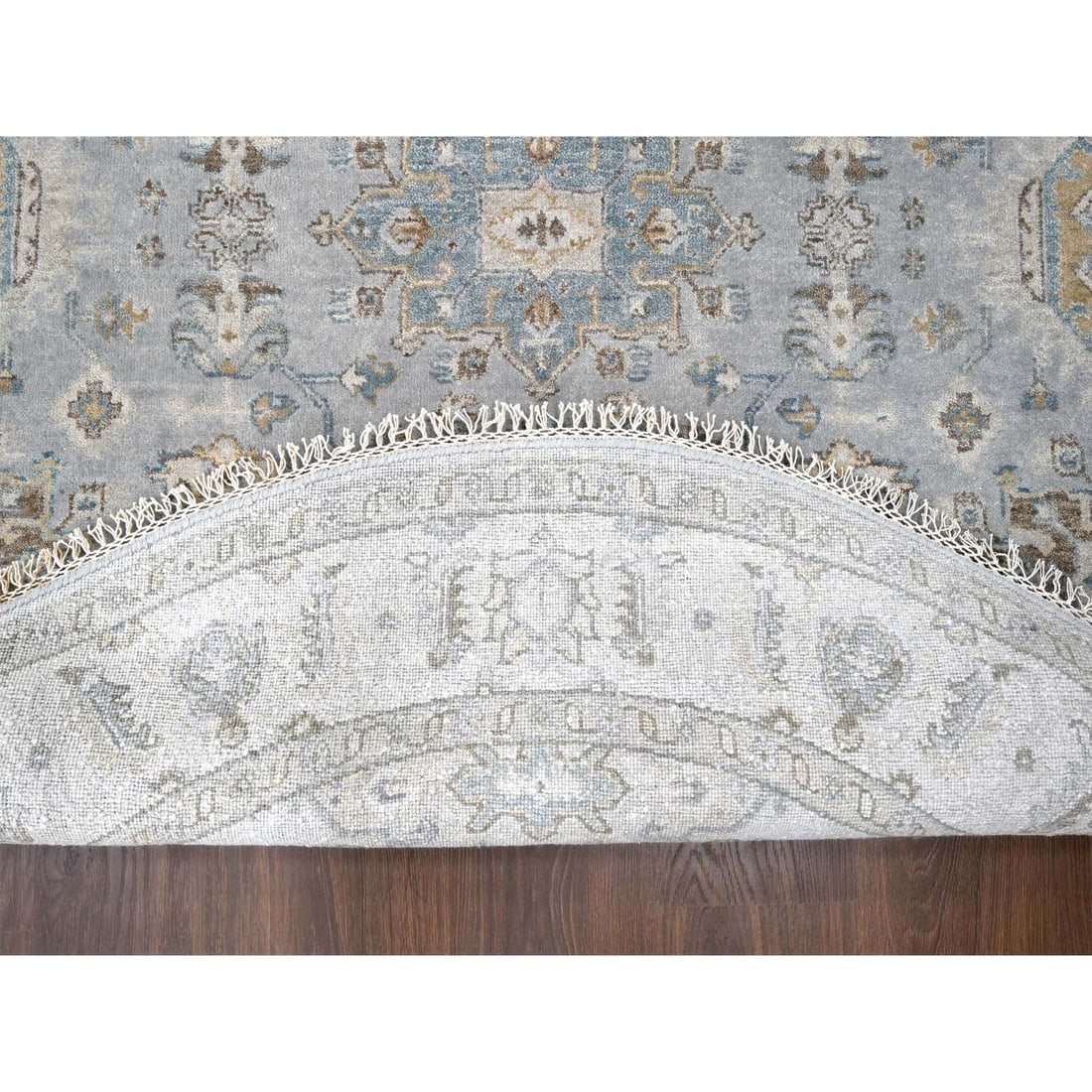 Lavender Gray Hand Knotted Karajeh Geometric Medallion Wool Round Rug - 3