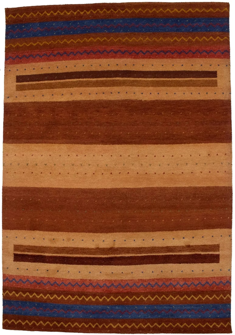 Multicolored Tribal Stripes 7X10 Indo Gabbeh Oriental Rug: Title: Multicolored Tribal Stripes 7X10 Indo Gabbeh Oriental Rug Description:Handmade 7X10 multicolored oriental rug made with natural dyes (fine wool pile and cotton foundation), superior knot