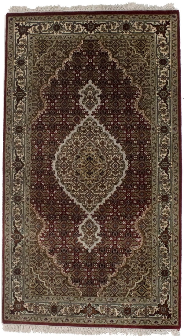 Red Floral Geometric 3X5 Tabriz Fish Mahi Oriental Rug: Title: Red Floral Geometric 3X5 Tabriz Fish Mahi Oriental Rug Description:Handmade 3X5 red oriental rug made with vegetable dyes (fine wool pile and cotton foundation), superior knot count, and