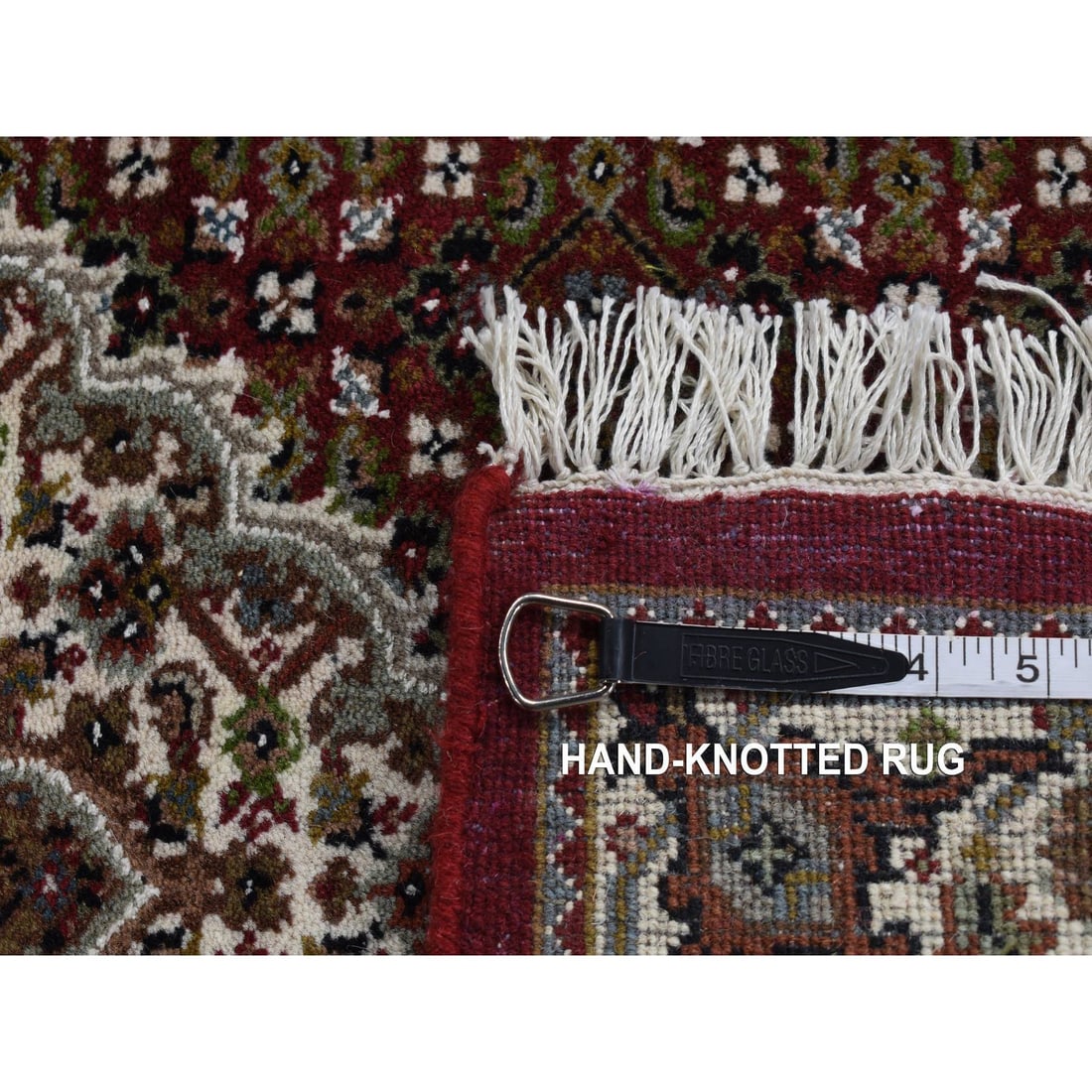 Mahogany Red Tabriz Mahi with Fish Medallion Design Wool and Silk Rug - 10