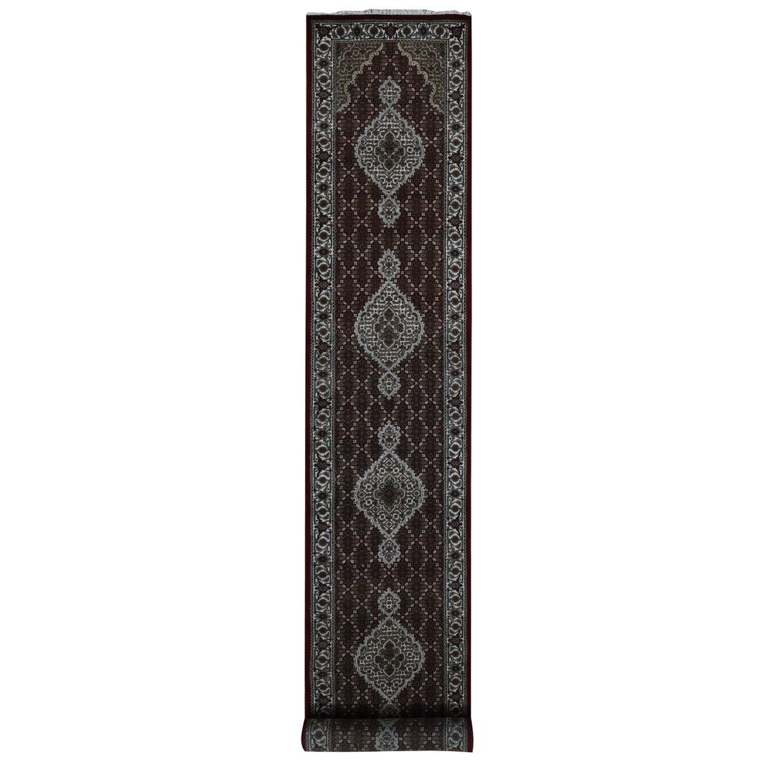 Mahogany Red Tabriz Mahi with Fish Medallion Design Wool and Silk Rug: Title: Mahogany Red Tabriz Mahi with Fish Medallion Design Wool and Silk Rug Description:This is a truly genuine one-of-a-kind. It has been Knotted for months and months in the centuries-old weaving