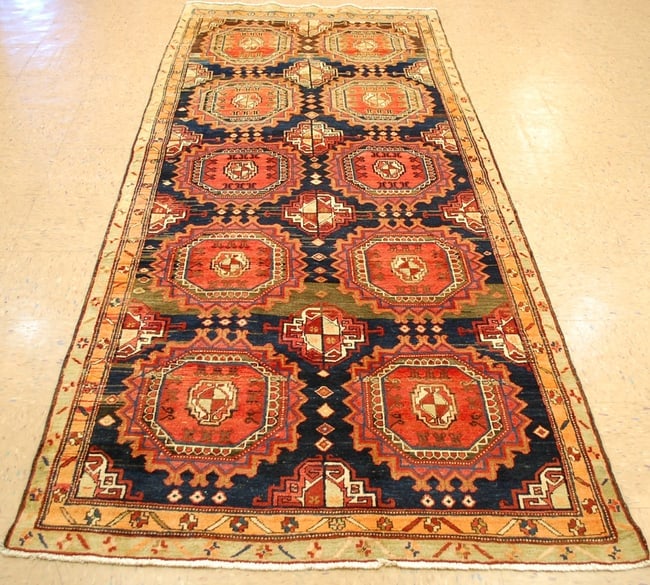 CAUCASIAN RUG 4.2x10 KORK: Title: CAUCASIAN RUG 4.2x10 KORK Description: ANTIQUE DETAILED TURKOMAN DESIGN VEGETABLE DYE FINE WOOL CAUCASIAN RUGwith an exact size of 4' 2" x 10' .Wonderful Royal Blue background .Condition is