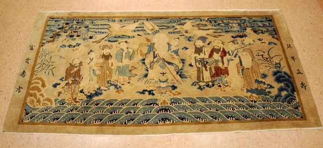 CHINESE RUG 3.10x7.8: Title: CHINESE RUG 3.10x7.8 Description:ANTIQUE ESTATE TREASURE ANTIQUE CHINESE RUG OF TEN IMMORTAL DISIPLES of BUDDHA RUG with exact size of 3'10" x 7'8" .Ivory background .Perfect Condition as shown